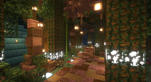 Jungle corridor with lanterns and vines
