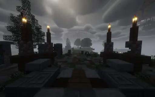 Candle-lit hub lobby path under a stormy sky