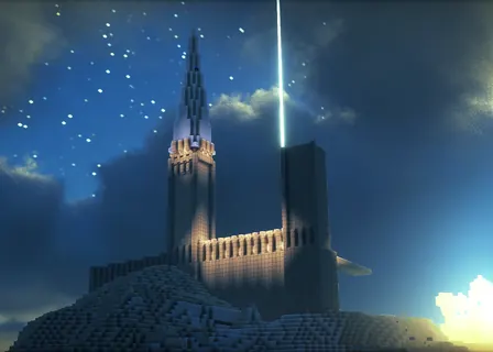 Sandstone castle at night with a beacon beam and stars