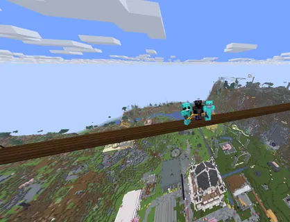 Three players on a wooden beam high above the spawn town and its domed city hall