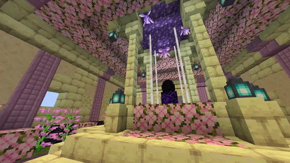 Cherry-blossom shrine around a dragon egg on obsidian