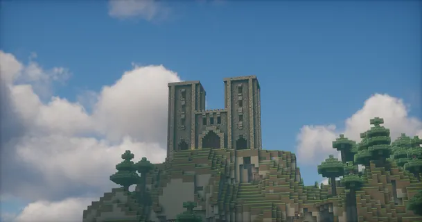 Twin-towered cathedral on hill, blue sky