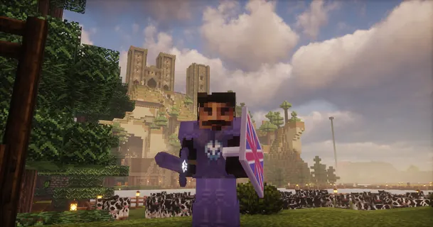 Player in purple armour with Union Jack shield before cathedral and cow pasture