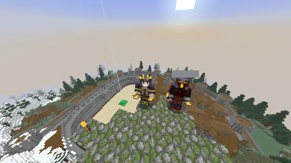 Two players standing on a hilltop above a stone arena build
