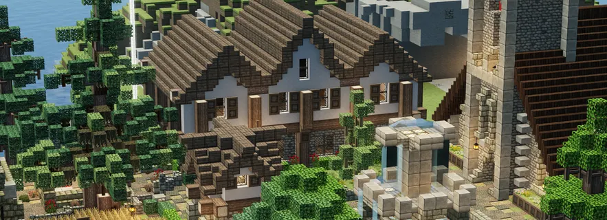 Timber houses with stone fountain among pines