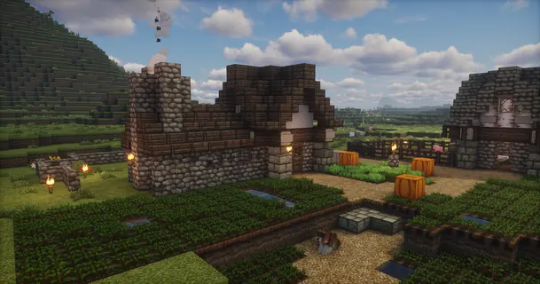 Two cottages and pumpkin farm under clouds